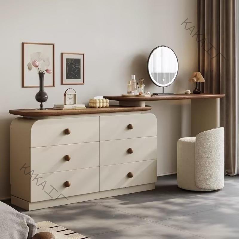 C带P2中古风梳妆台抽LUY屉法式化妆L桌实收纳木一体奶油简约斗