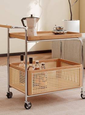 实木可移边几纳中古小推车客厅沙发储物架置物91564藤编简约餐动