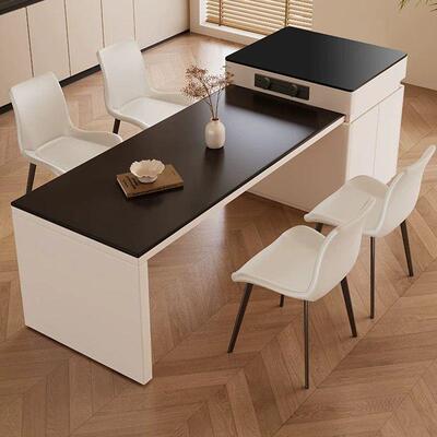 实岛台餐一体桌现代约家用小户型岩板餐桌椅组74318合可木伸缩吃