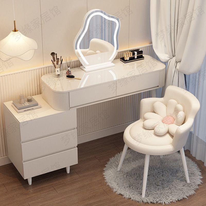 奶油收风梳妆台化妆带XBG灯现代简约纳柜床头桌柜化体妆台一书桌