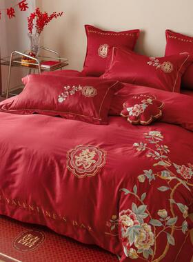 中式花卉刺绣典雅婚庆10支绒长棉纯棉红色结婚四套喜件被床THN2品