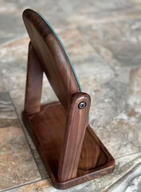 北美胡化桃木妆镜镜木质旋转台式化妆子黑高清便携复BWR古风化妆