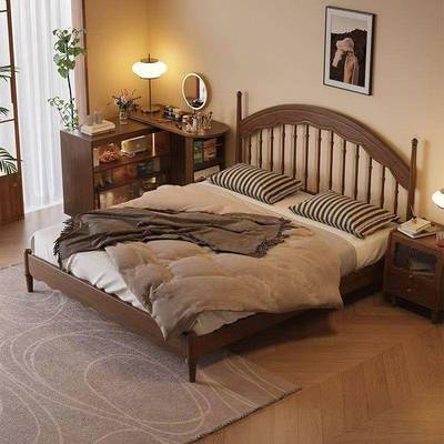 UKB实木温莎床中全古主风美法式复古双人床新中式胡桃木色竖琴大