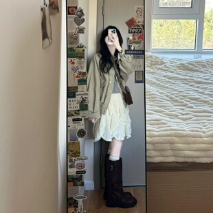 韩系一整套穿搭短款长袖外套女2025秋季日系白色半身裙子两件套装