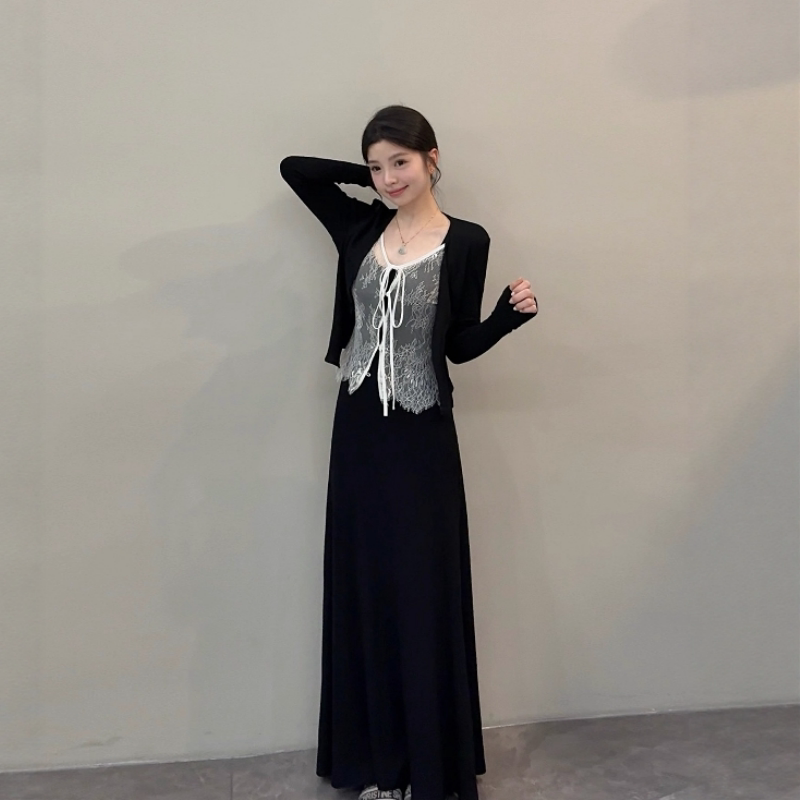 黑色洋气假两件蕾丝针织开衫上衣女秋季休闲收腰气质连衣裙两件套