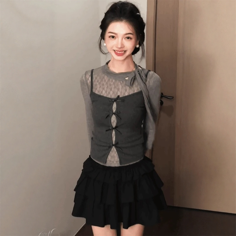 甜辣风穿搭蝴蝶结系带背心圆领内搭上衣显瘦短款蛋糕裙女2026春