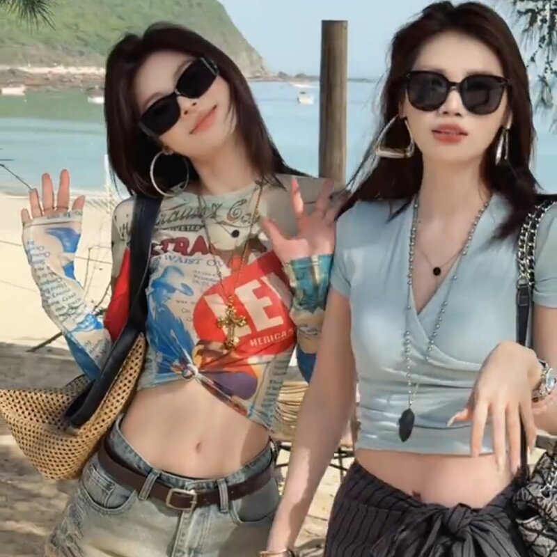 海边度假风印花长袖T恤女夏防晒罩衫上衣破洞牛仔短裤热裤套装女