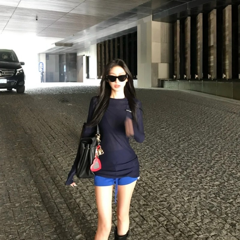 美式复古三条杠休闲短裤子女春季新款小个子时尚百搭蓝色运功热裤