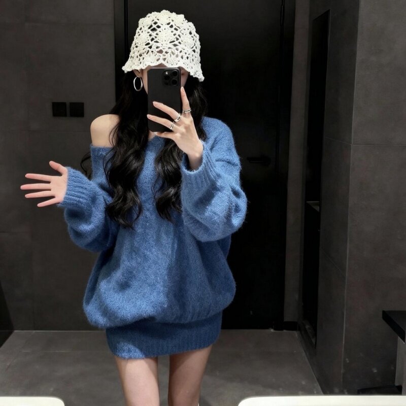 韩系慵懒风宽松时尚露肩针织衫女冬季百搭气质包臀半身短裙两件套