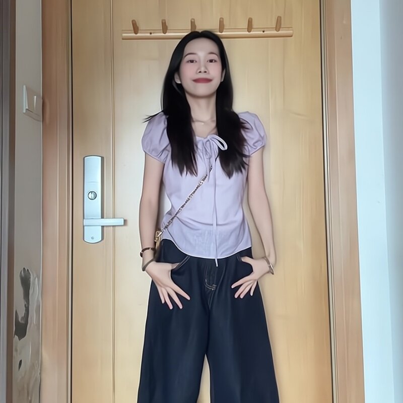 法式气质紫色泡泡袖系带上衣女2026夏季高腰宽松阔腿裤子两件套装