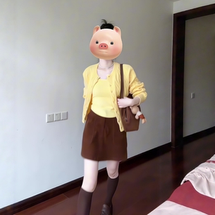 韩系黄色圆领麻花针织开衫内搭吊带背心女秋休闲短款半身裙三件套