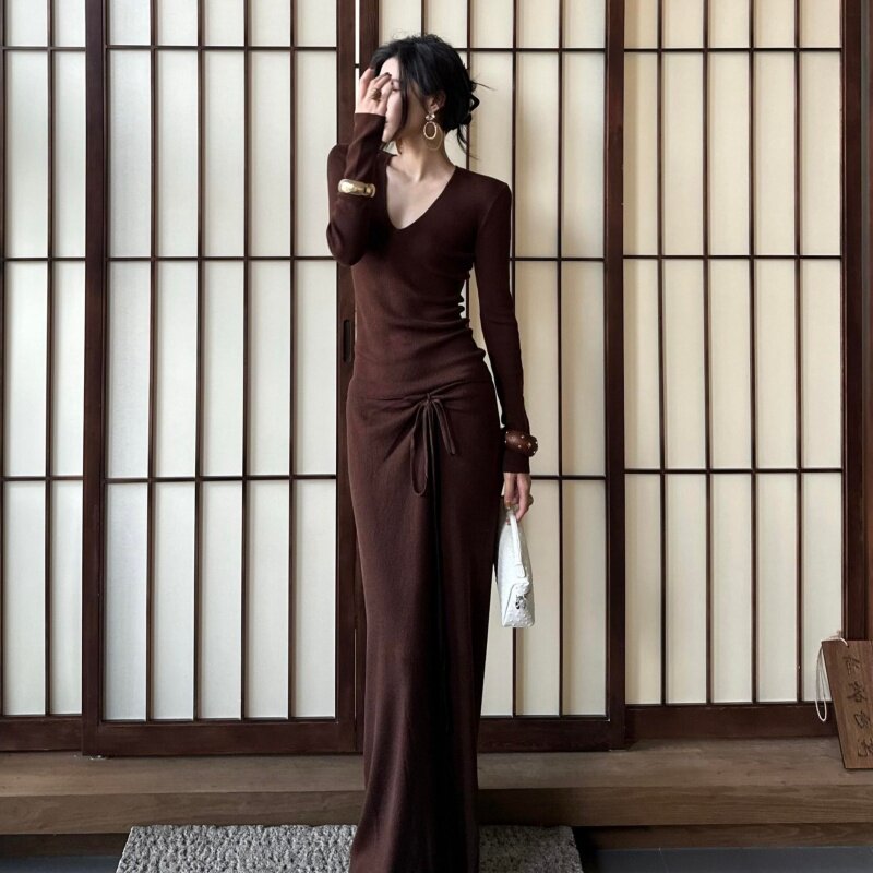 韩风chic一整套辣妹气质时尚百搭U领长袖T恤女半身长裙针织套装女