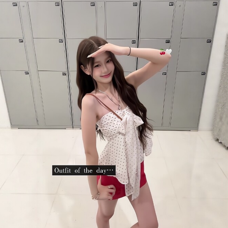 韩系甜美蝴蝶结波点抹胸上衣女夏季休闲百搭包臀半身短裙两件套装