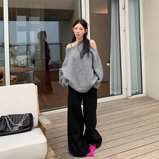 早春韩系chic软糯慵懒风长袖上衣女新款超好看时尚斜肩针织衫毛衣
