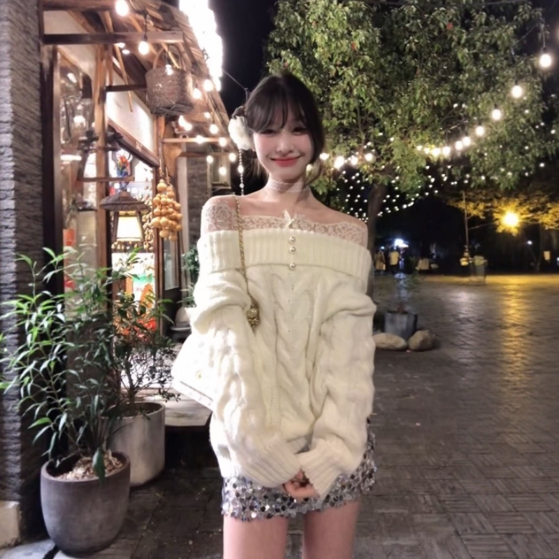 纯欲风一字领麻花蕾丝拼接毛衣女秋冬甜美气质亮片半身短裙两件套