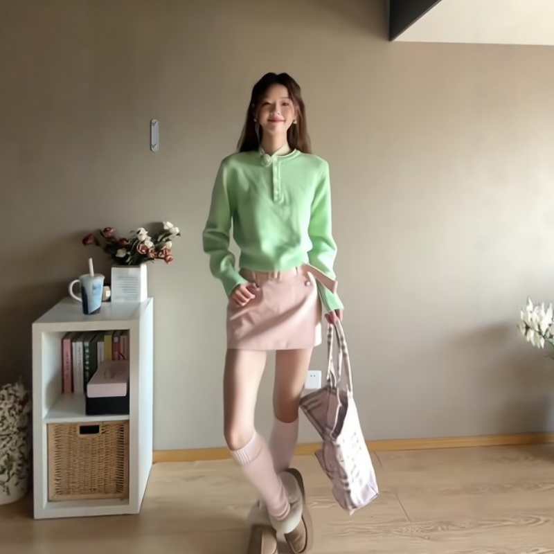 韩系甜美风减龄绿色针织衫上衣女春季休闲百搭包臀半身短裙两件套