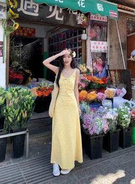 实拍吊带连衣裙女春秋2025新款法式收腰碎花长裙高级感裙子76727