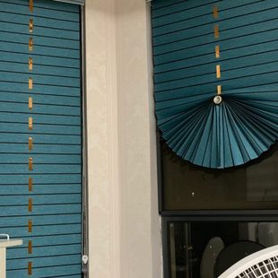 扇蓝遮光窗帘 卧室升降窗帘阳台书房纯色拉 卷帘帘扇形孔雀形卷帘