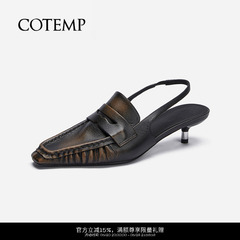 cotemp VLoafer黑色擦棕牛皮乐福鞋平底通勤凉鞋复古绑带小猫跟鞋