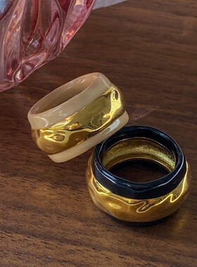 ins时髦黑金系列 法国小众宽版几何圆圈黄铜戒指复古个性简约指环