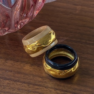 ins时髦黑金系列 法国小众宽版几何圆圈黄铜戒指复古个性简约指环