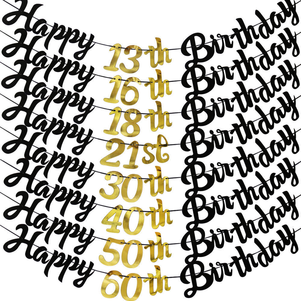 新款黑金连体happy13 16 18 30 40 50 60th birthday生日拉花拉旗