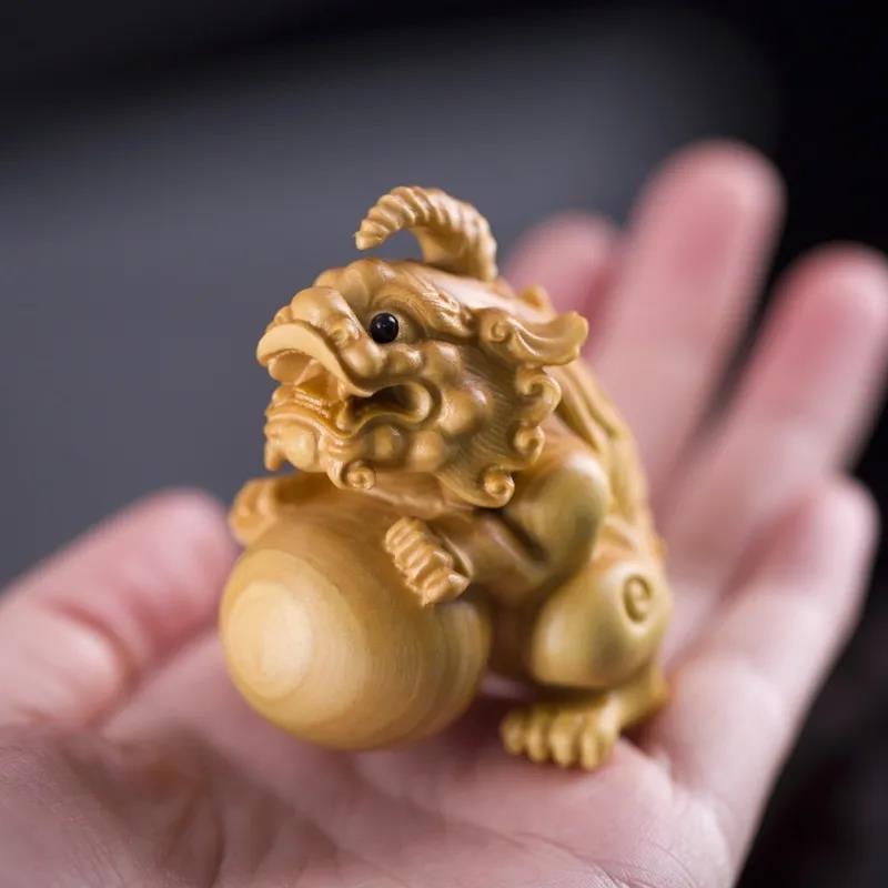 黄杨木雕刻工艺品獬豸招财把玩手把件随身男盘玩上色家居饰品送礼