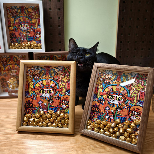 三包面小卖部原创猫猫财神风水画