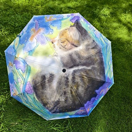 三包面小卖部新款原创插画猫咪晴雨两用黑胶三折折叠手动伞