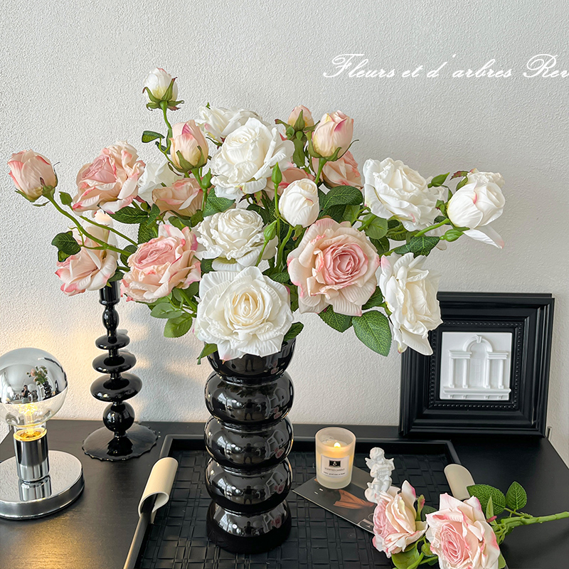 复古3头焦边玫瑰假花仿真花装饰