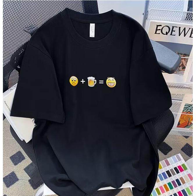 喝酒加笑脸不开心+喝酒=开心t恤喝啤酒专用短袖衣服夏季宽松纯棉