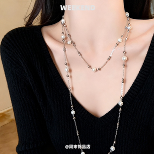 灰色珍珠多层长款项链女2025新款时尚轻奢小众设计海边氛围感配饰