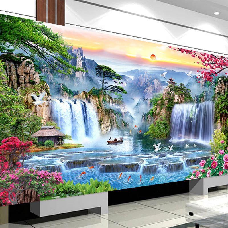 钻石画满钻新款旭日贴钻十字绣客厅流水瀑布风景山水画砖石秀