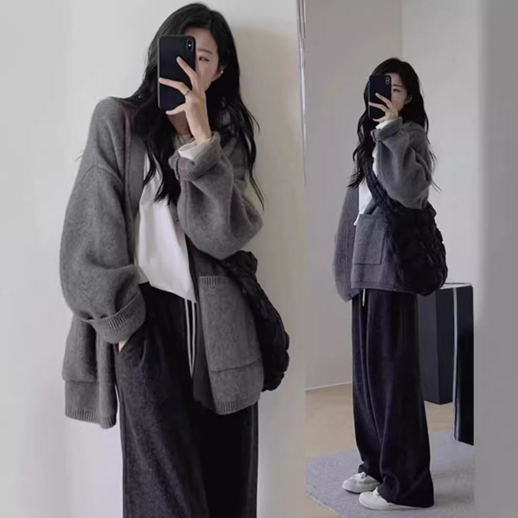 2025秋冬季新款韩版宽松针织开衫慵懒风纯色口袋气质毛衣外套