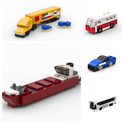 国产积木 拖车 轮船  T1露营车 白色巴士小型跑车模型拼插玩具