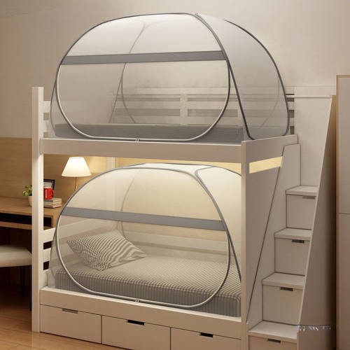 2025新款免安装铁艺上下铺折叠儿童床蒙古包蚊帐米色温馨便捷