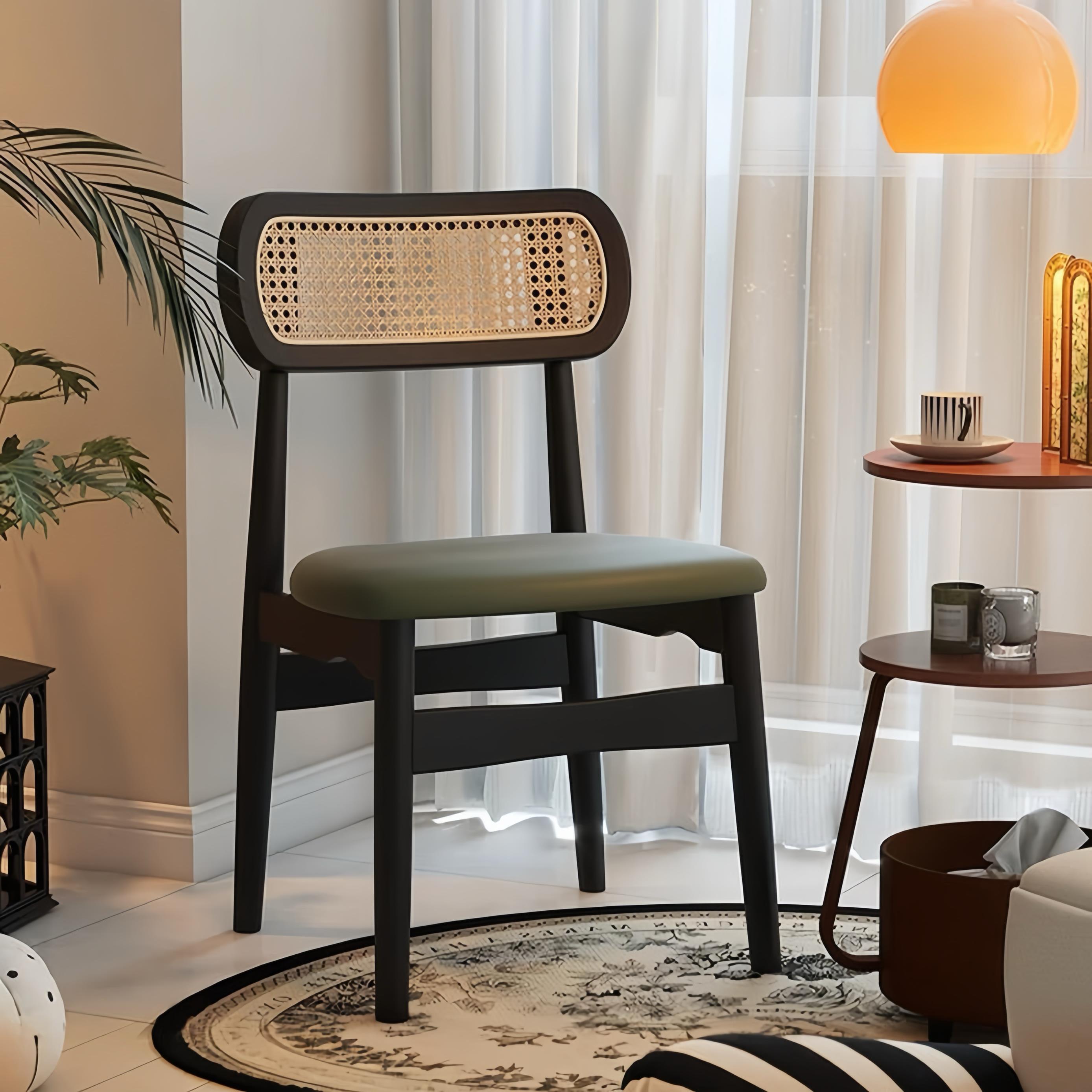 实木餐桌椅靠背覆古藤编法式餐椅中古休闲 家用椅子高级感绿色凳