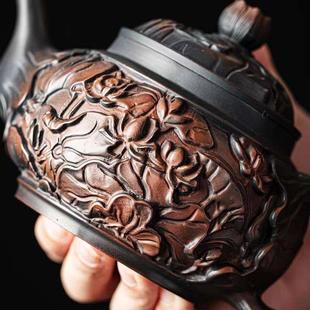 建水紫陶茶壶手工堆雕花祥龙壶功夫茶具紫砂壶家用单壶泡茶器陶制