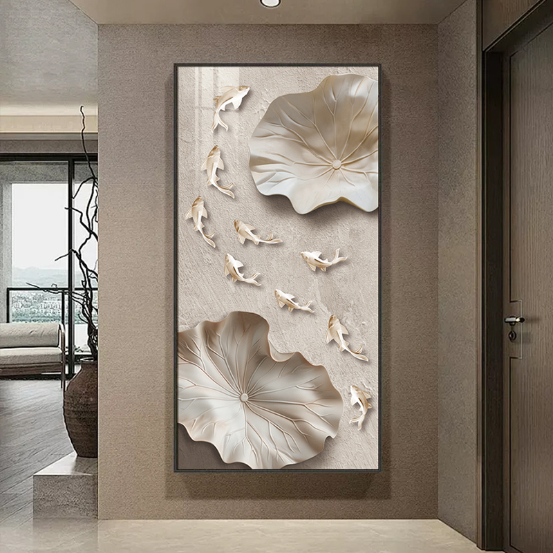 盈浩高级感荷花入户玄关装饰画浮雕立体肌理感走廊挂画九鱼图壁画图片