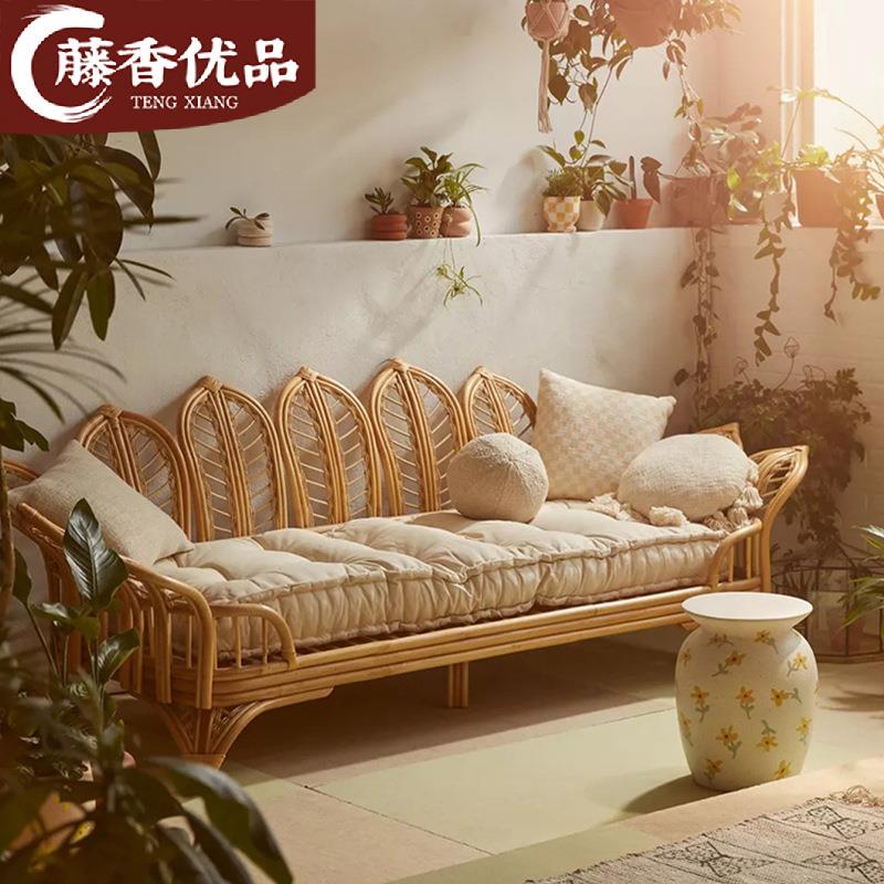 北欧创意真藤沙发民宿家用复古三人藤椅手工编织小户型客厅沙发床