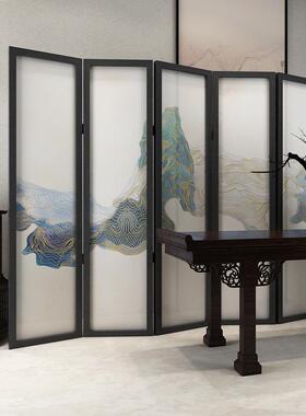 新中式折叠屏风隔断简约现代客厅可移动入户遮挡茶室装饰山水折屏