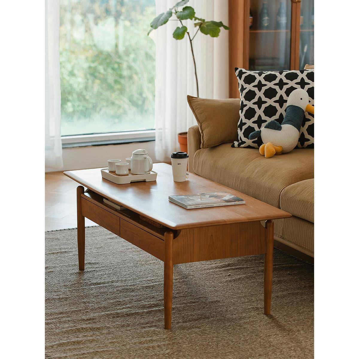 若谷茶几餐桌两用多功能简约北欧实木小户型客厅家用日式樱桃木