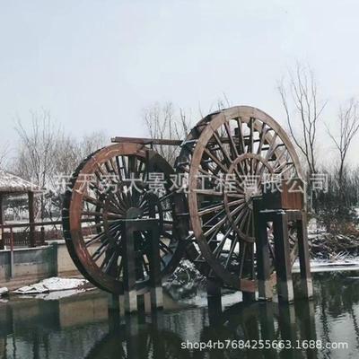 制作款樟子松防腐木景观水车电动旋转碳化轮铁艺水塘造景大型水车