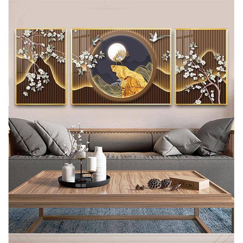 轻奢抽象意境客厅沙发背景壁画金山吉祥飞鸟植物入户三联装饰画