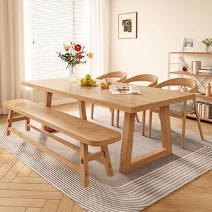 原木风纯实木餐桌长方形饭桌家用小户型餐书桌一体客厅长桌椅组合