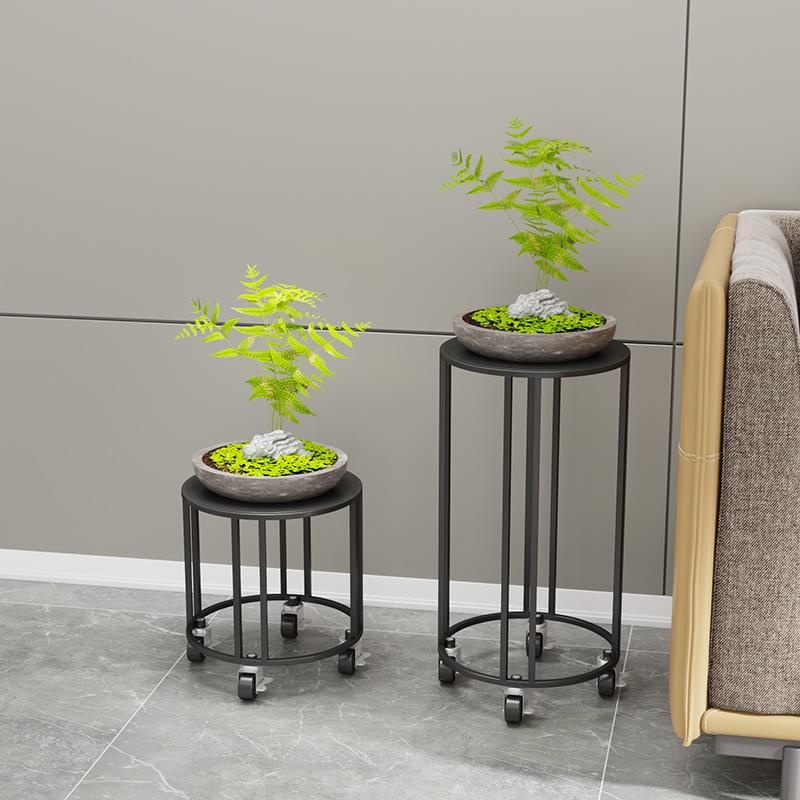简约落地式客厅圆形铁艺花架鱼缸架 地面花盆架带轮可移动置物架