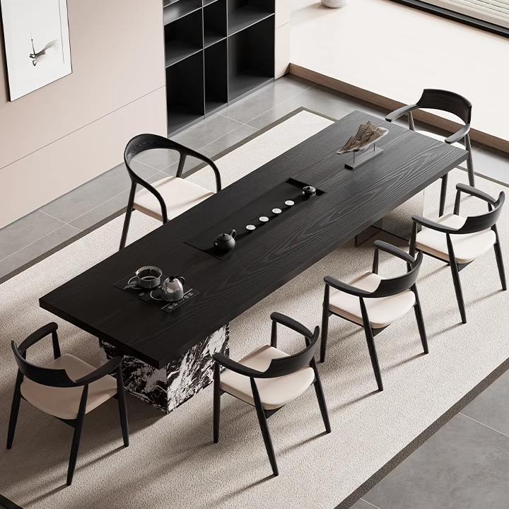 实木大板泡茶桌椅组合岛台家用现代简约办公室黑色茶桌茶台烧水壶