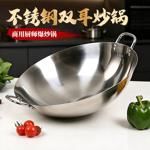 不锈钢双耳炒锅厨师食堂商