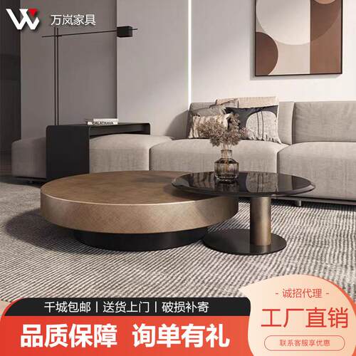 意式轻奢极简设计师小户型圆形现代简约不锈钢古铜色茶几玻璃边几