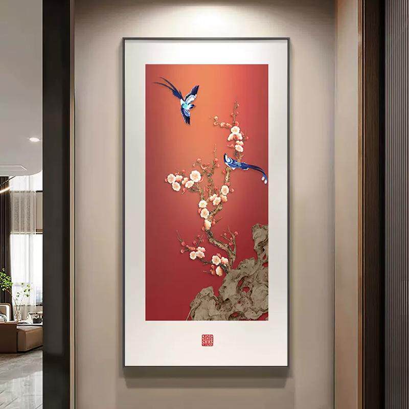 喜气盈门玄关装饰画新中式入户寓意好花鸟挂画走廊过道正对门壁画
